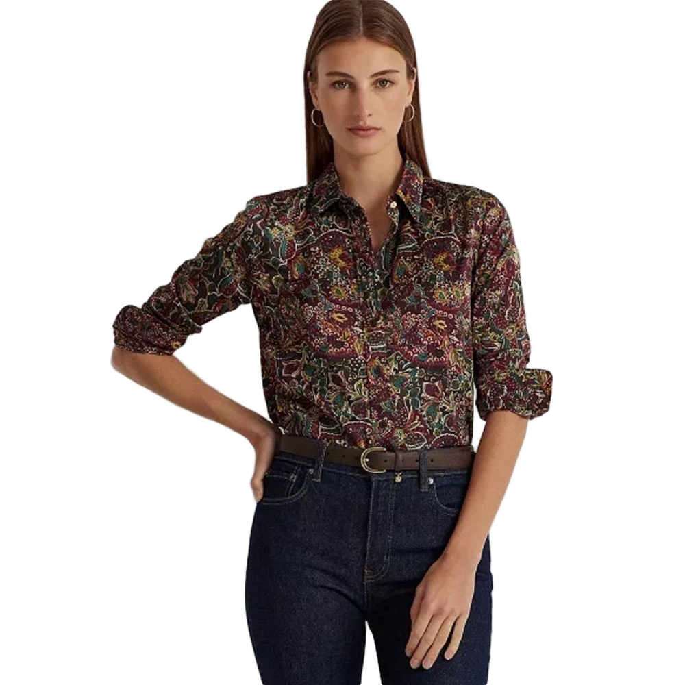 Ralph Lauren Satin Charmeuse Shirt Small Black Label floral long sleeve blouse